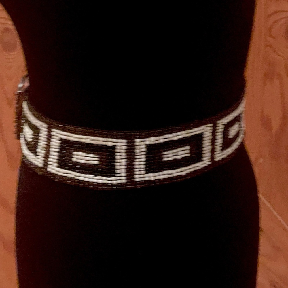 Boho Beaded Stretch Belt Brown White interlocking Wood Buckle Elastic Waist 27" - Picture 2 of 6